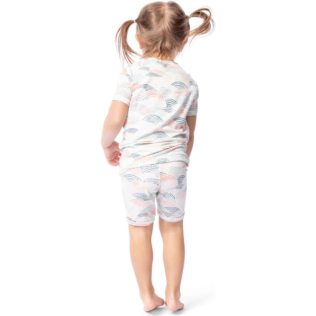 Toddler wearing Summer Breeze Bamboo Shorties PJ Set in neutral tones, back view