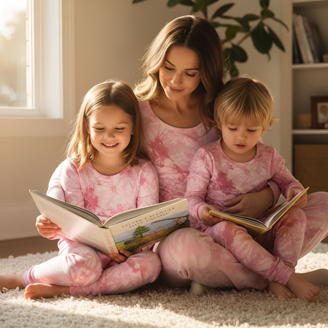 Mother and two children in Tea Rose Tie Dye Bamboo PJs reading a picture book together