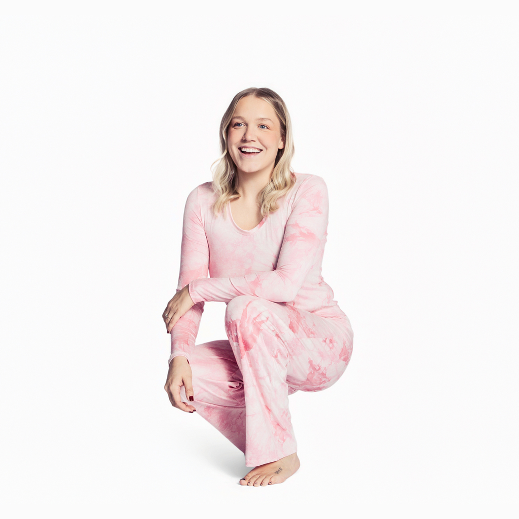 Woman wearing Tea Rose Women's Lounge Set in pink, front view