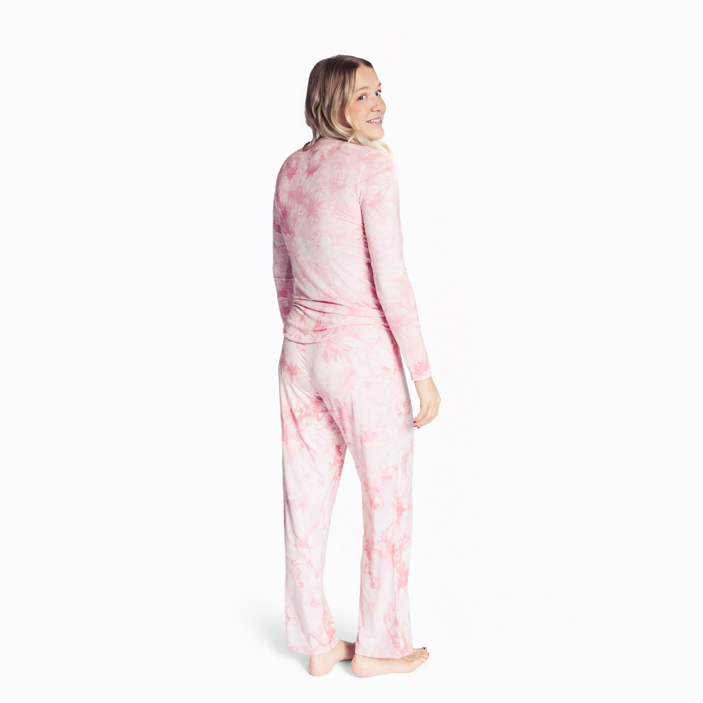 Woman wearing Tea Rose Women's Lounge Set in pink, side view