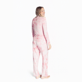 Woman wearing Tea Rose Women's Lounge Set in pink, side view