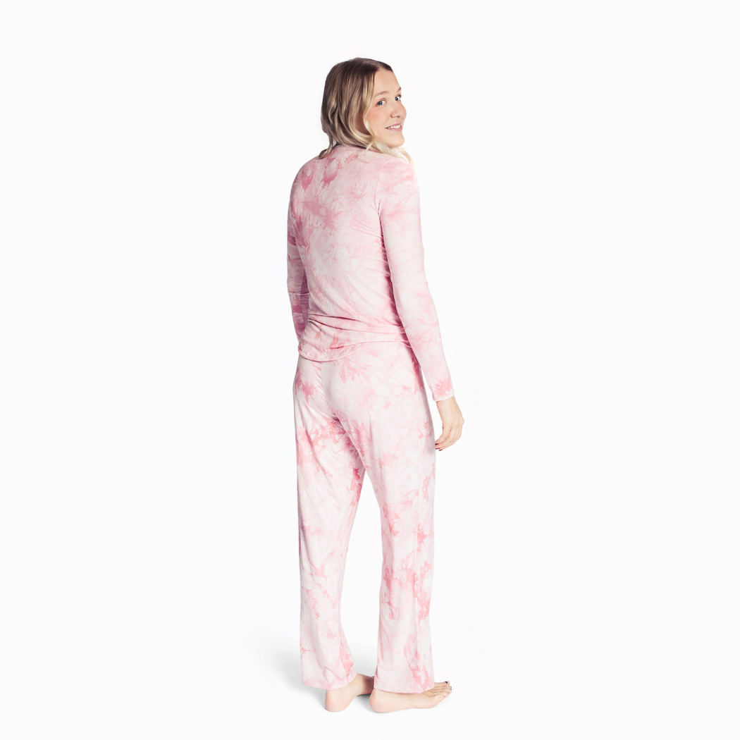 Woman wearing Tea Rose Women's Lounge Set in pink, side view