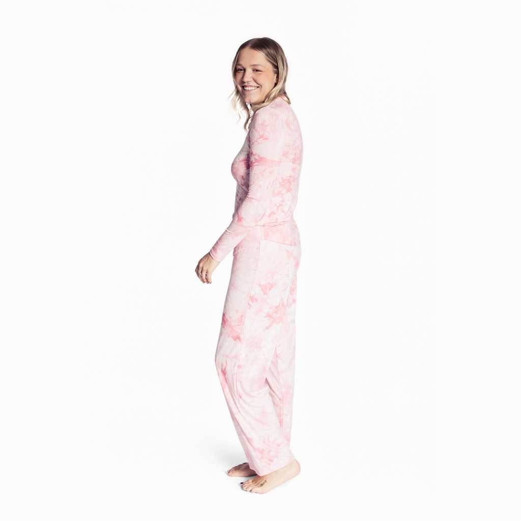 Woman wearing Tea Rose Women's Lounge Set in pink, side view