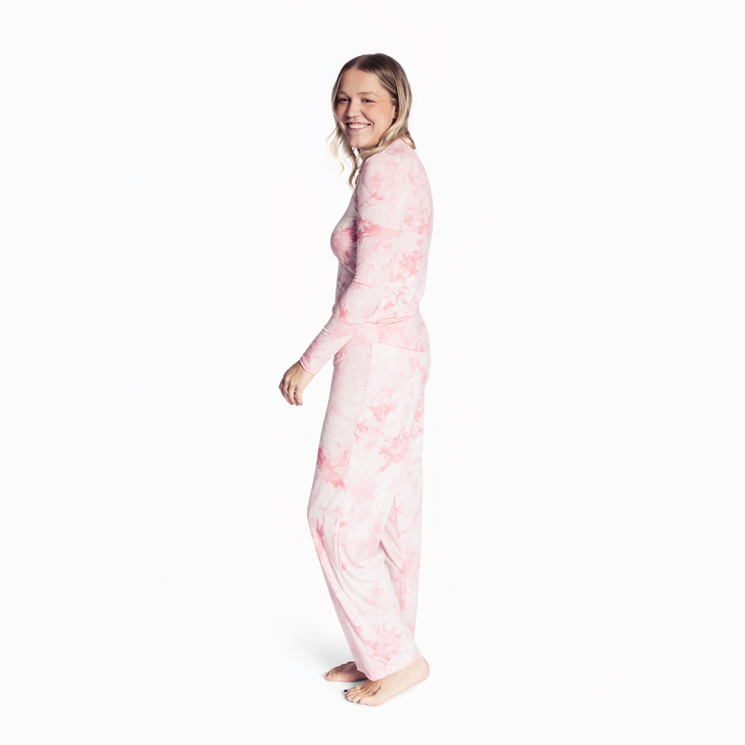Woman wearing Tea Rose Women's Lounge Set in pink, side view