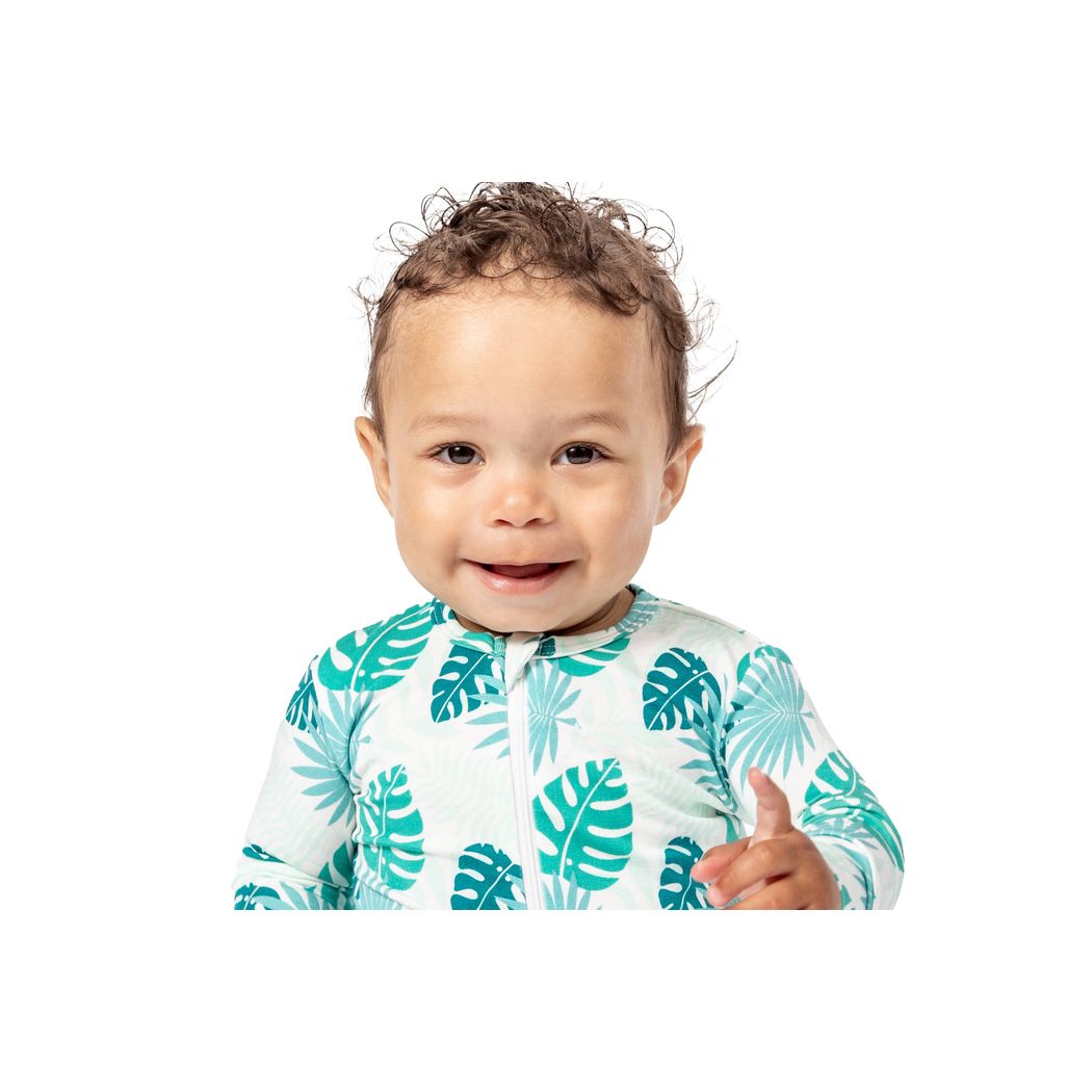 Close-up detail of baby wearing Tropicana Bamboo Zip Sleeper in mint