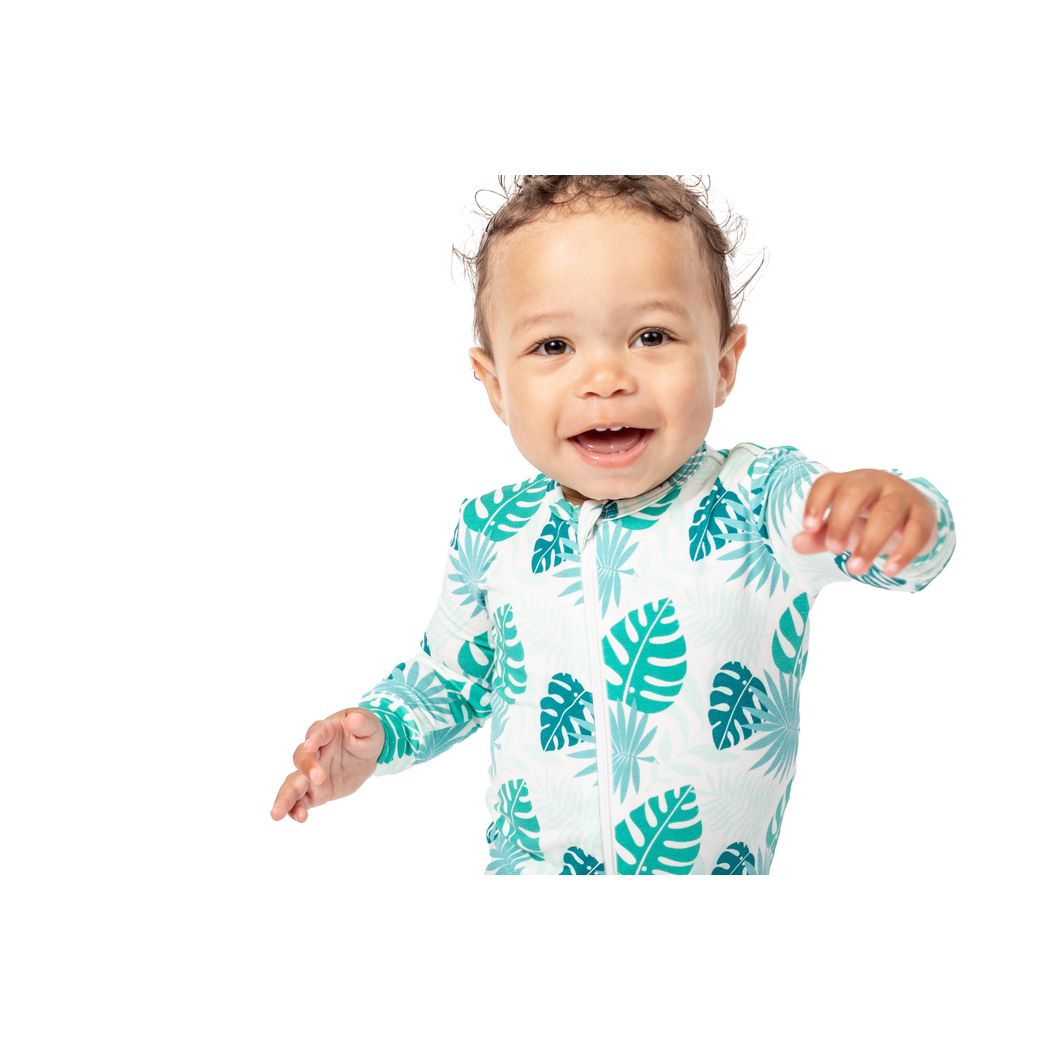 Close-up detail of baby wearing Tropicana Bamboo Zip Sleeper in mint
