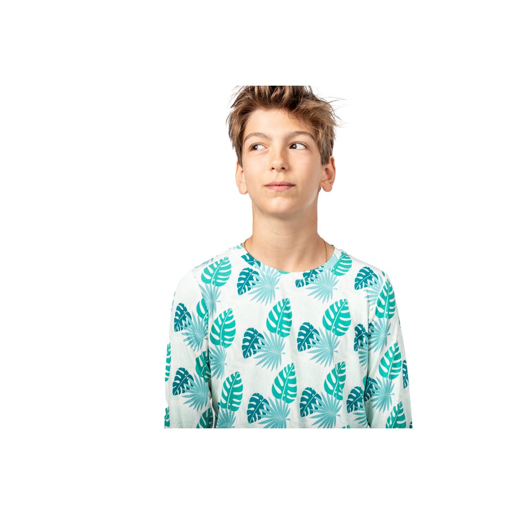 Close-up detail of boy wearing Tropicana Kids Bamboo PJs in mint