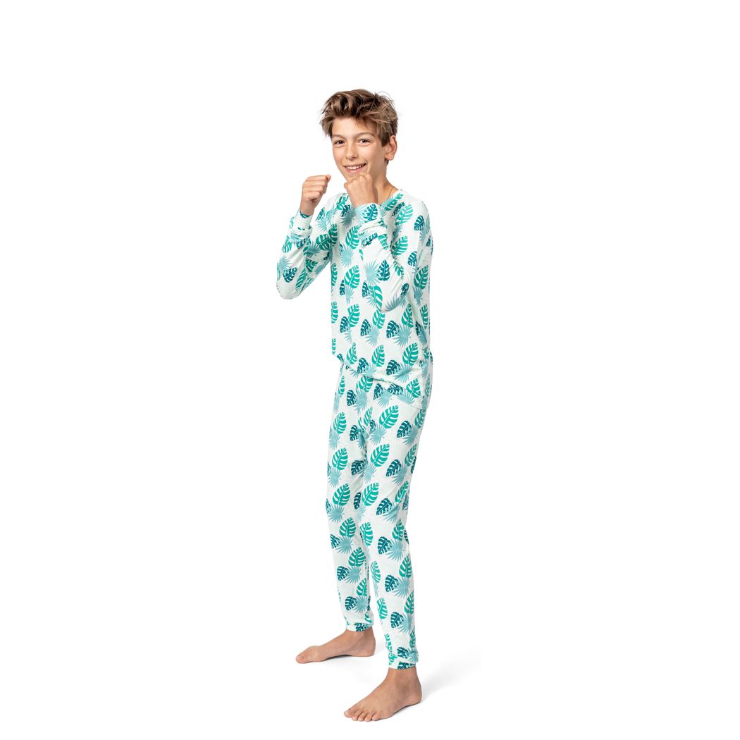 Boy wearing Tropicana Kids Bamboo PJs in mint, front view