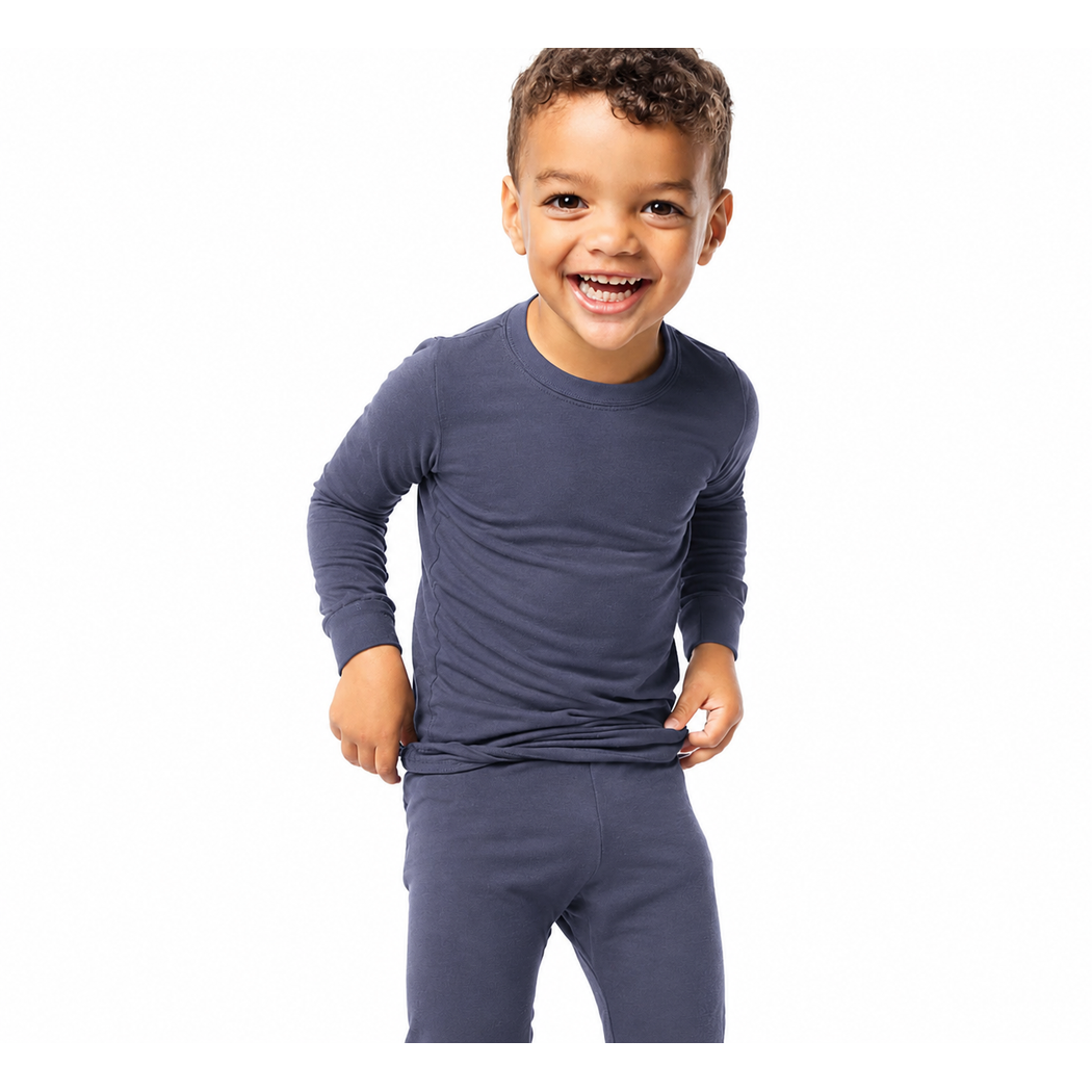 Smiling young boy in the Vintage Indigo Bamboo PJs top, close-up