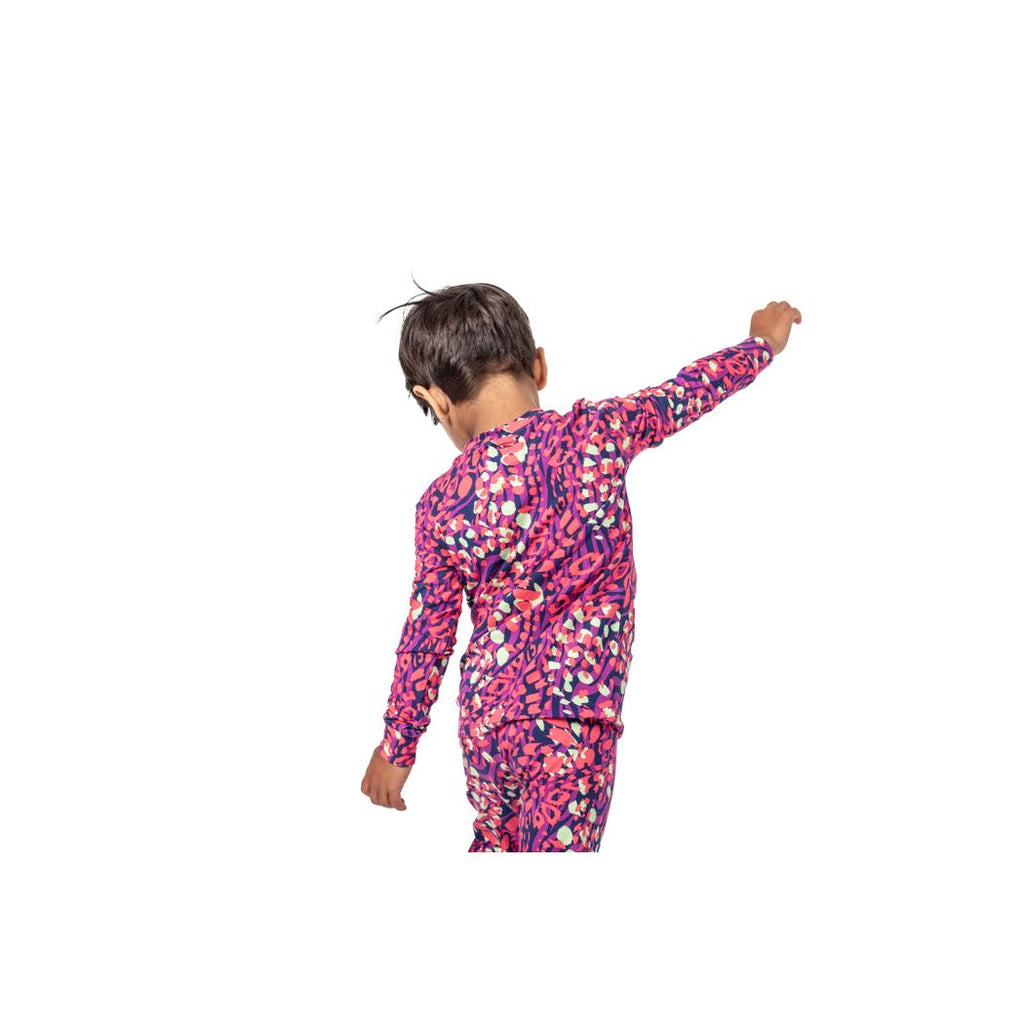 Toddler wearing Wild Garden Kids Bamboo PJs in pink, back view