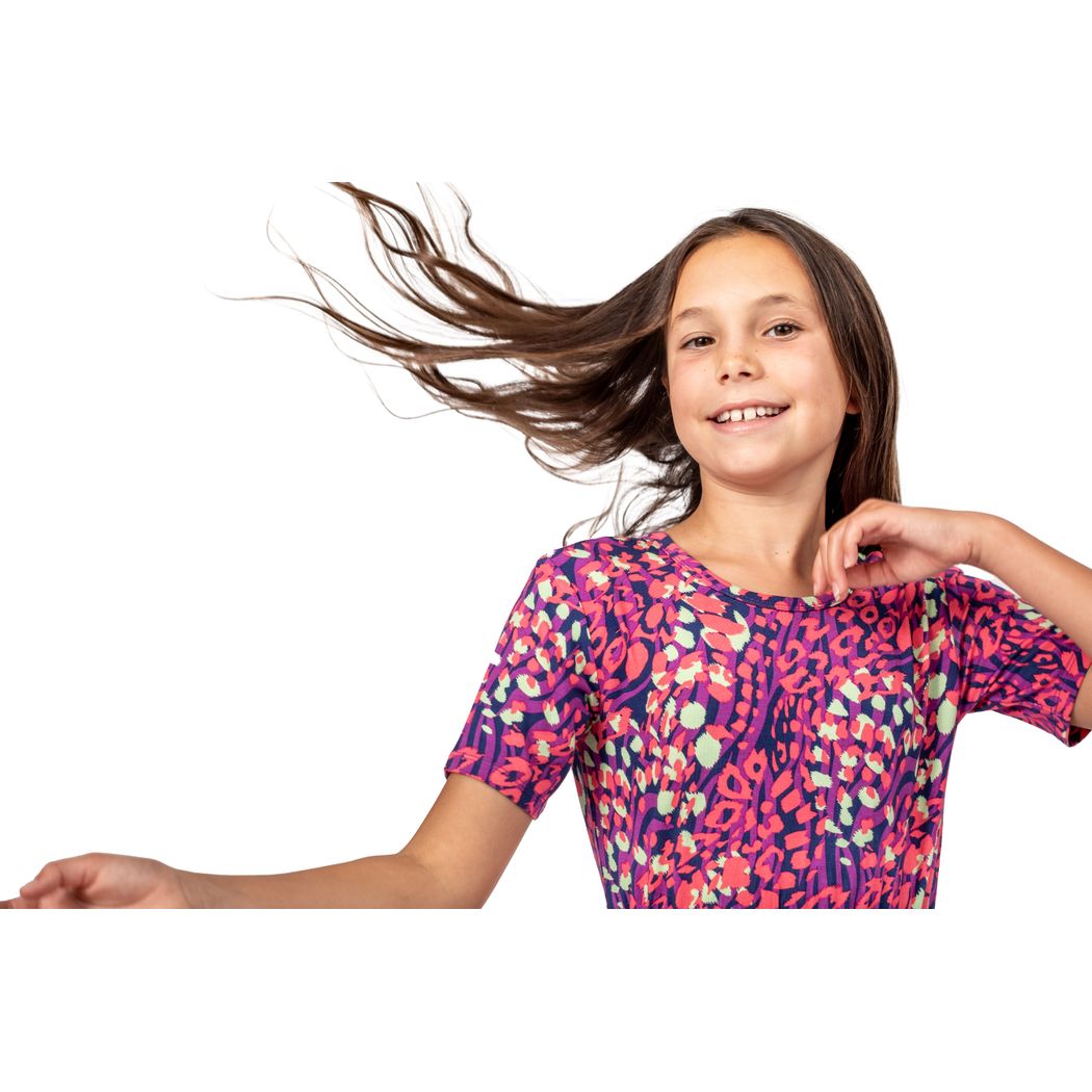 Close-up detail of girl wearing Wild Garden Twirl Dress in pink