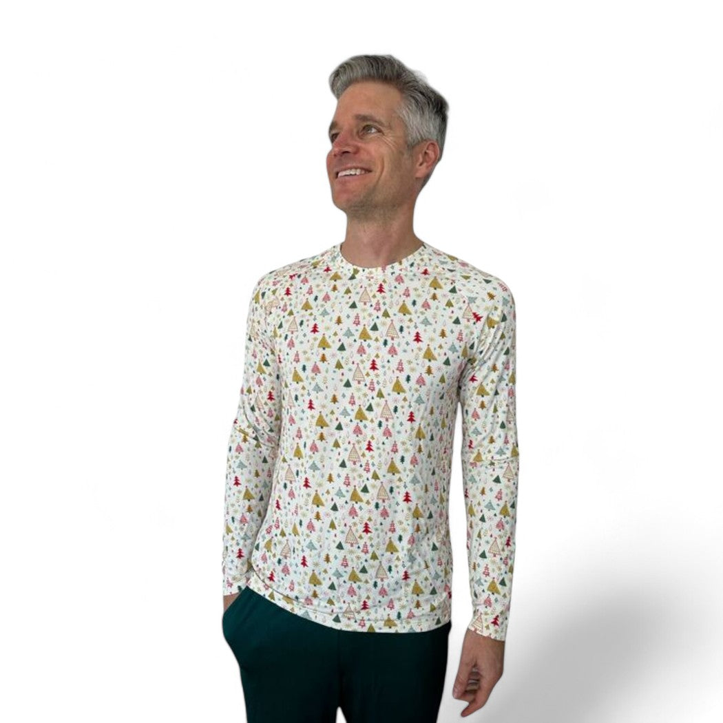 Man wearing Winter Wonderland Men's Long Sleeve Shirt in neutral tones, front view