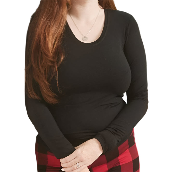 Woman wearing Black Women's Long Sleeve Top, front view